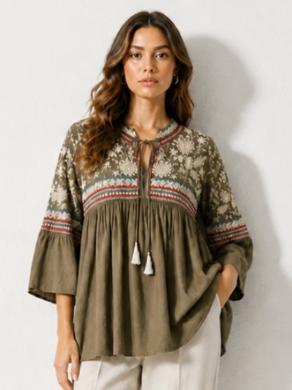 ANTIK BATIK Inspired Boho Embroidered Tunic Dress Brown Ivory Peasant Medium